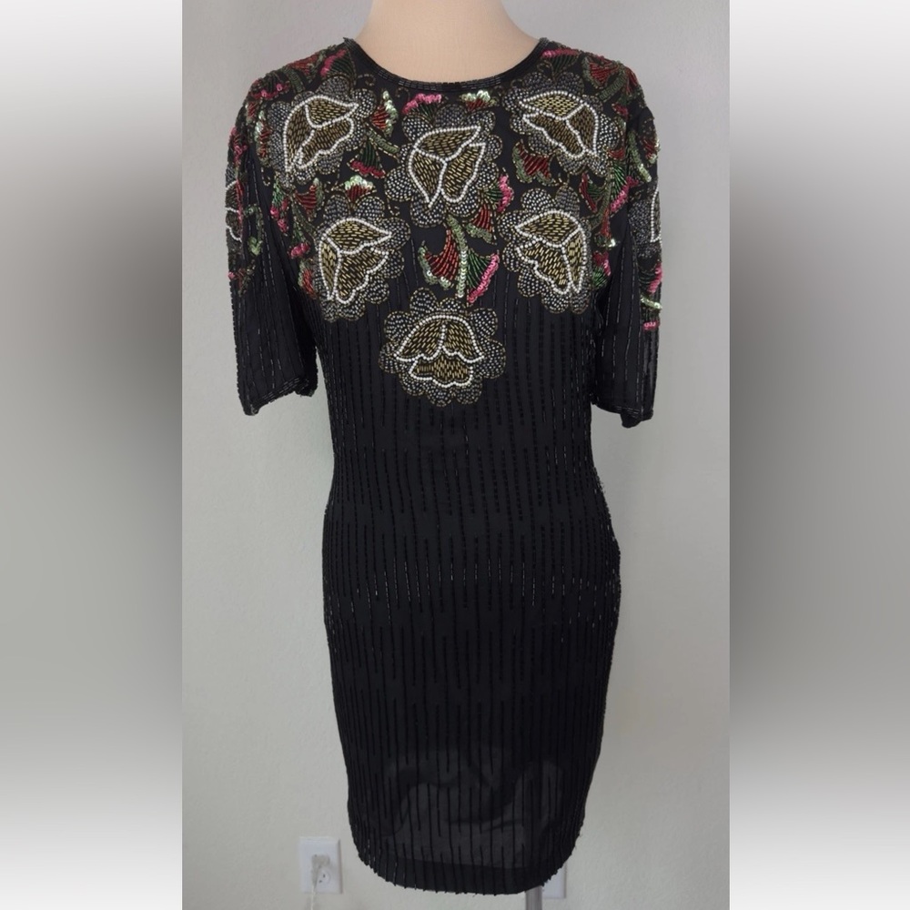 Vintage Scala Floral Sequin Silk Sheath Cocktail Party Dress S